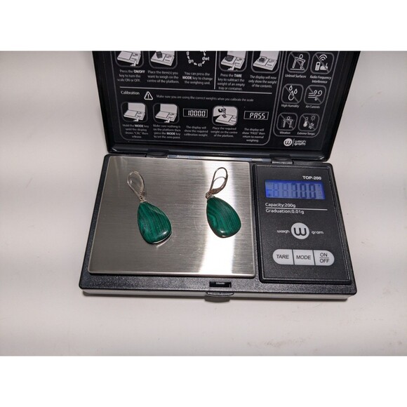 Sterling Silver 925 Polished Green Malachite Dangle Earrings Modern - Picture 6 of 6